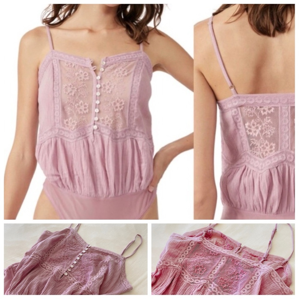 NWOT- Free People Gauze and Lace Trim Pink Bodysuit